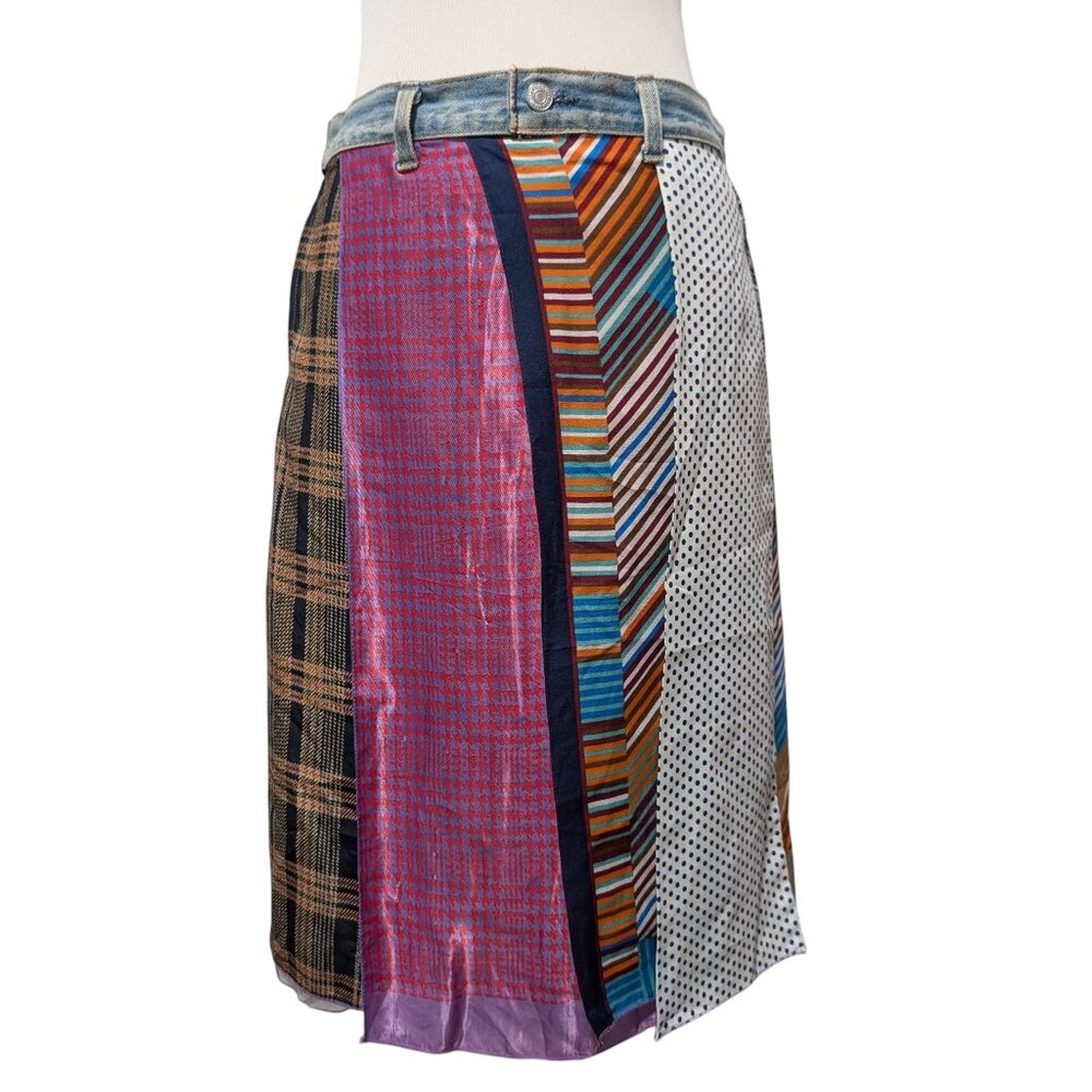 Vintage Riley Women Sz 30/32 Upcycled Levis Carwash Print Silk Scarf Boho Skirt
